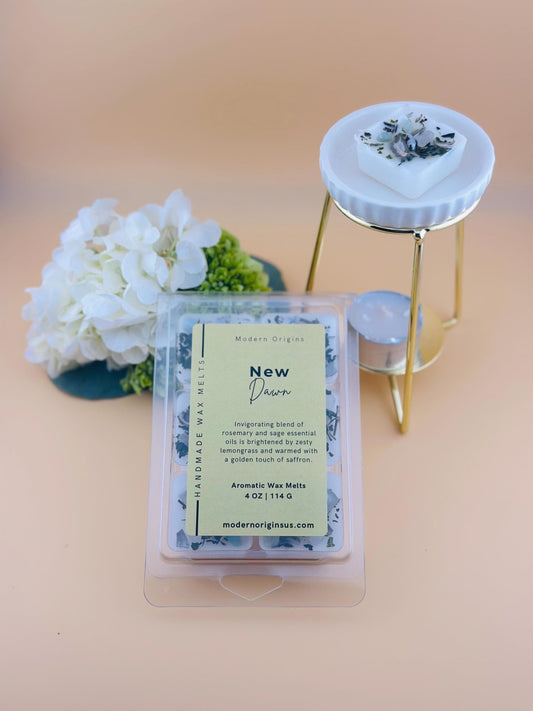 New Beginnings Wax Melt | Sage & Rosemary with Lemongrass | Crystal Infused | Herbal Aromatherapy Melt for Clarity and Renewal