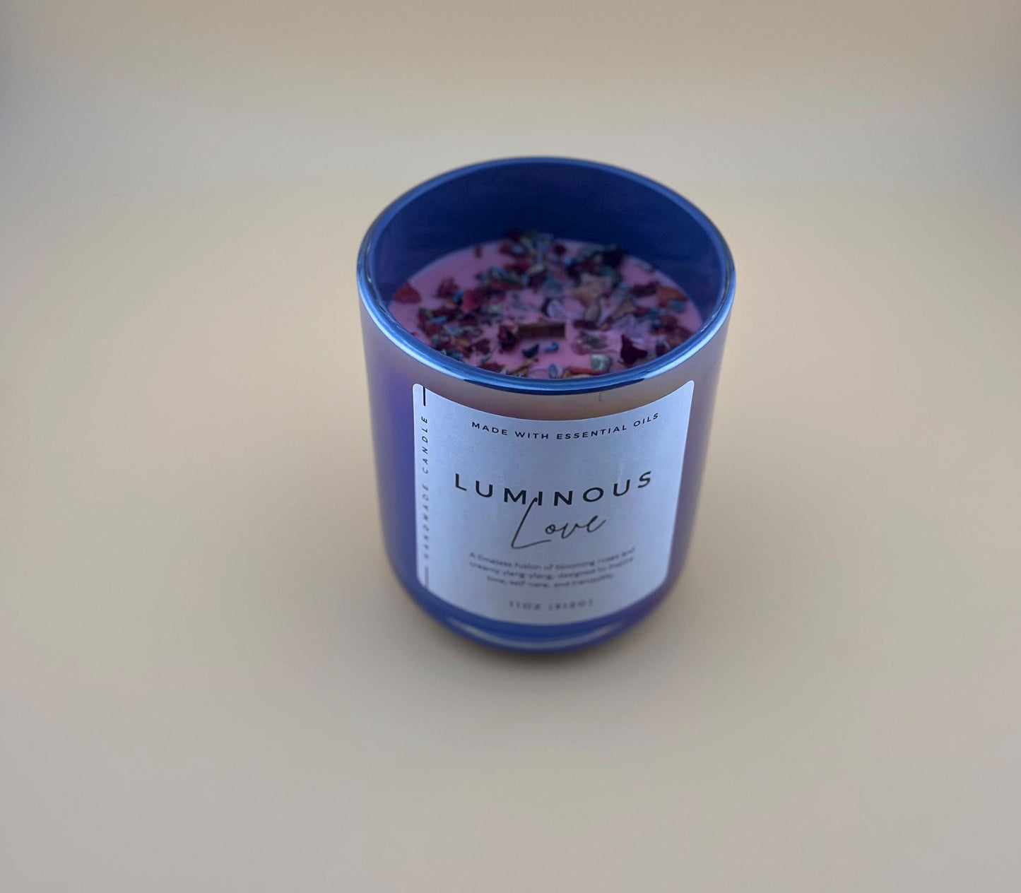 Love & Self-Care Crystal Candle – Rose Quartz & Rhodonite with Rose Petals & Ylang Ylang – Heart Chakra Healing Candle