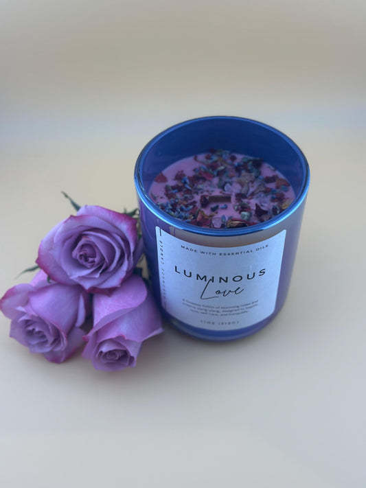 Love & Self-Care Crystal Candle – Rose Quartz & Rhodonite with Rose Petals & Ylang Ylang – Heart Chakra Healing Candle