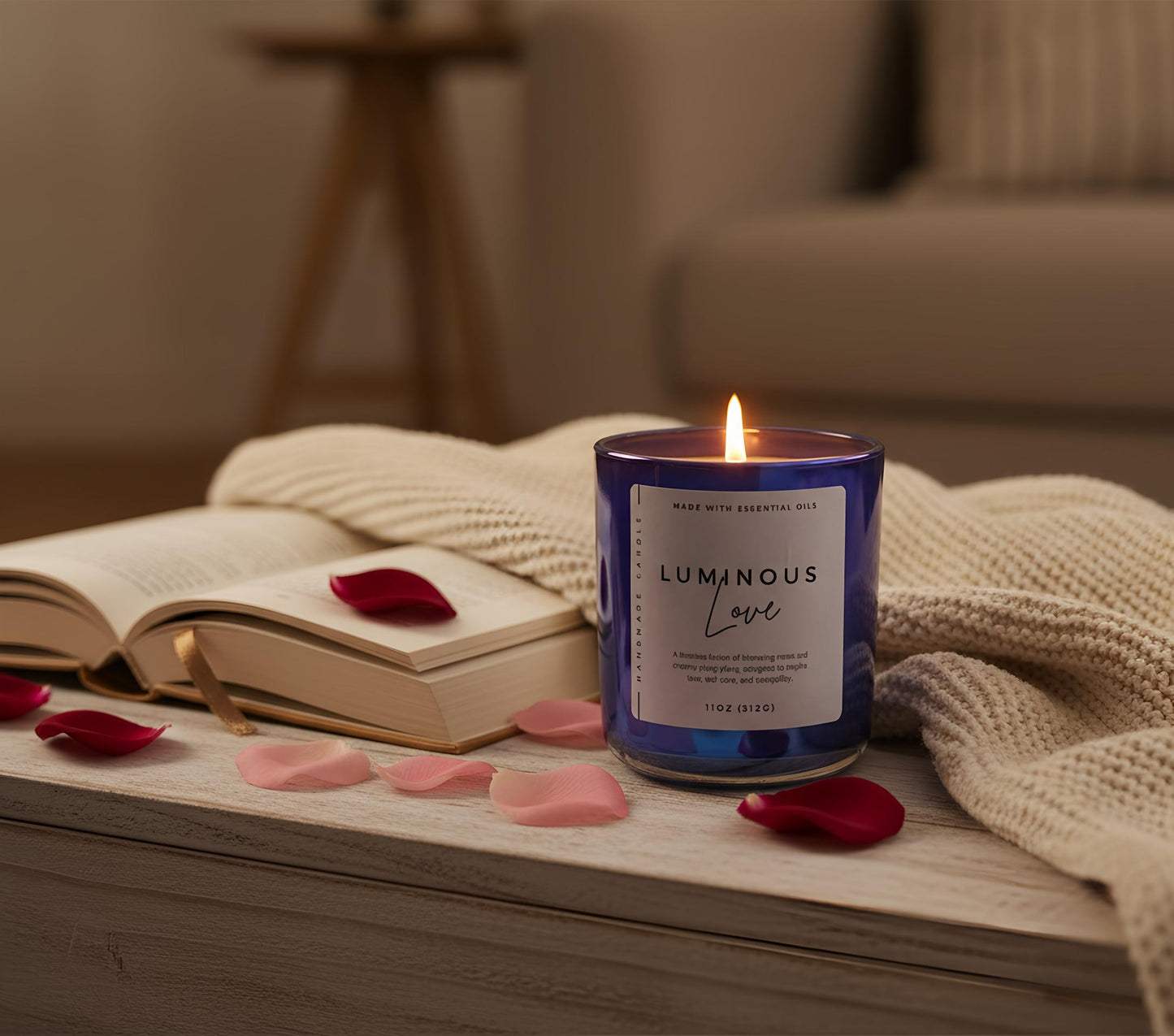 Love & Self-Care Crystal Candle – Rose Quartz & Rhodonite with Rose Petals & Ylang Ylang – Heart Chakra Healing Candle