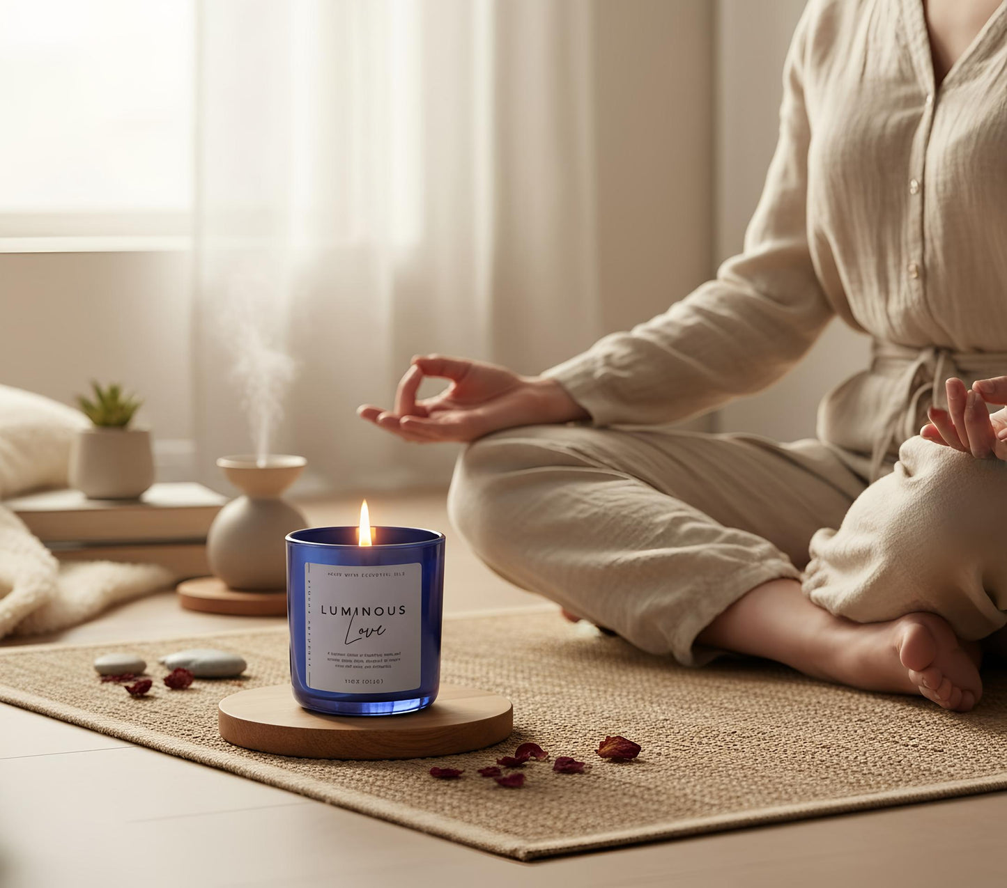 Love & Self-Care Crystal Candle – Rose Quartz & Rhodonite with Rose Petals & Ylang Ylang – Heart Chakra Healing Candle