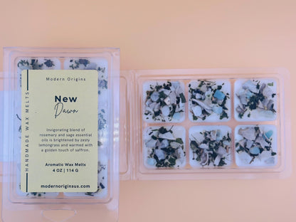 New Beginnings Wax Melt | Sage & Rosemary with Lemongrass | Crystal Infused | Herbal Aromatherapy Melt for Clarity and Renewal